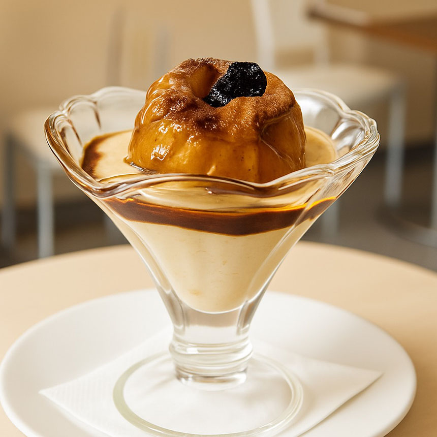 ¬ Manzana a la brasa frutos secos y helado de vainilla.