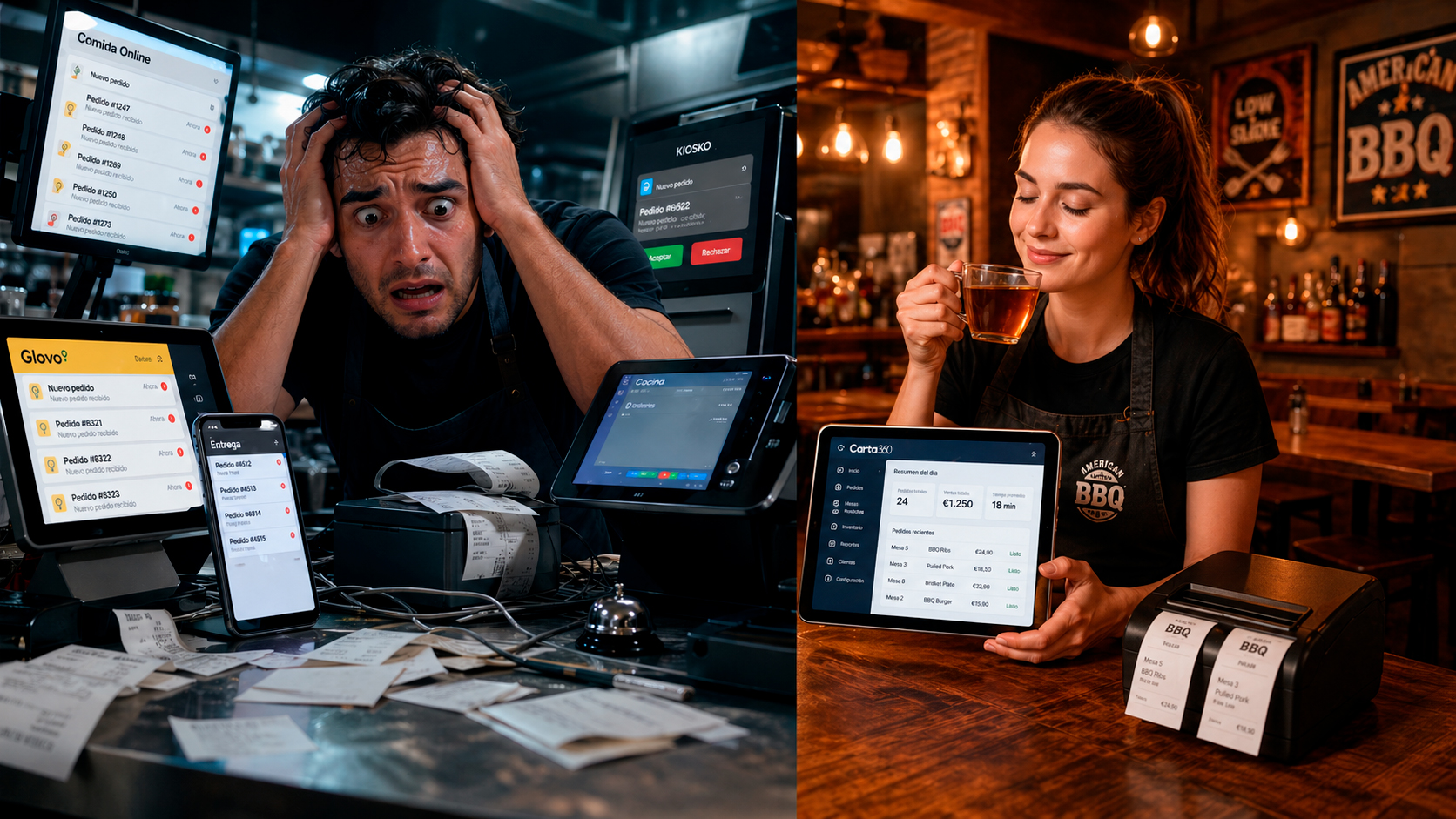 Comparativa entre un restaurante rodeado de herramientas desconectadas y otro que trabaja con Carta360 de forma unificada